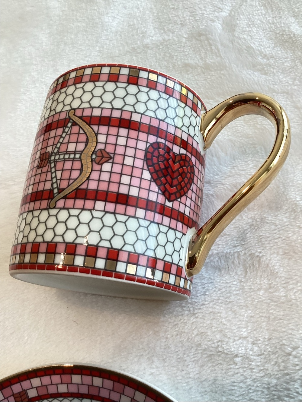Anthropologie Bistro Espresso Cup Saucer 24KT Tile Stoneware Heart Bow & Arrow - Picture 12 of 14